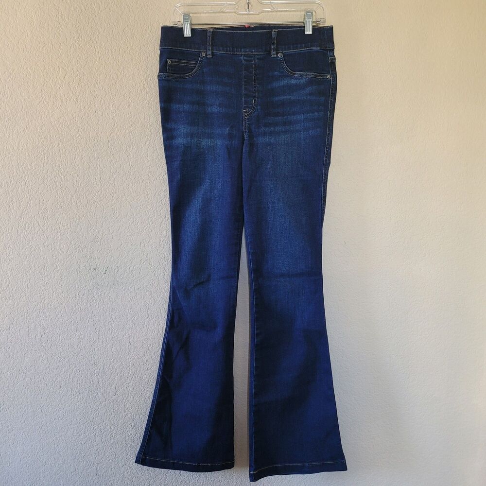 Spanx Flare Leg Pull-On Jeans Size Large High Rise Dark Blue Stretchy Slimming